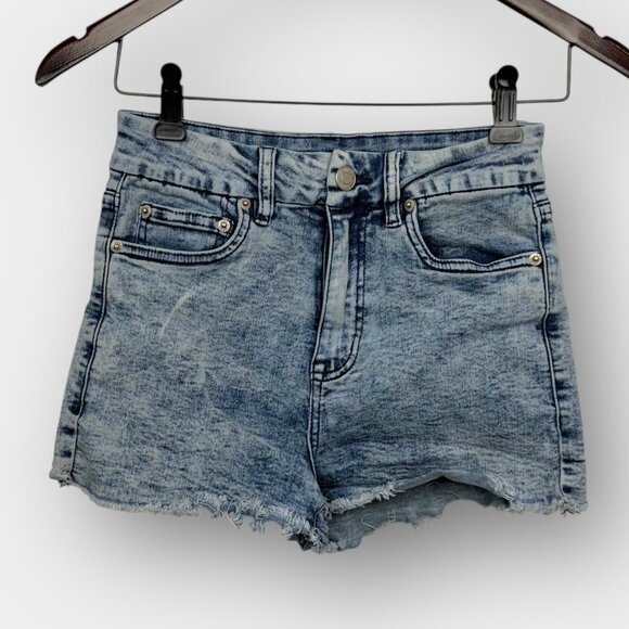 AERO High Rise Curvy Midi Acid Wash Cutoff Denim Shorts Raw Hem Womens Size 2 - Picture 1 of 6